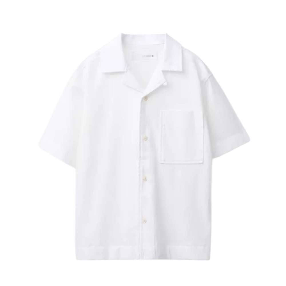 Zara Linen Cotton White Collared Shirt Short Sleeve Button Down Pocket